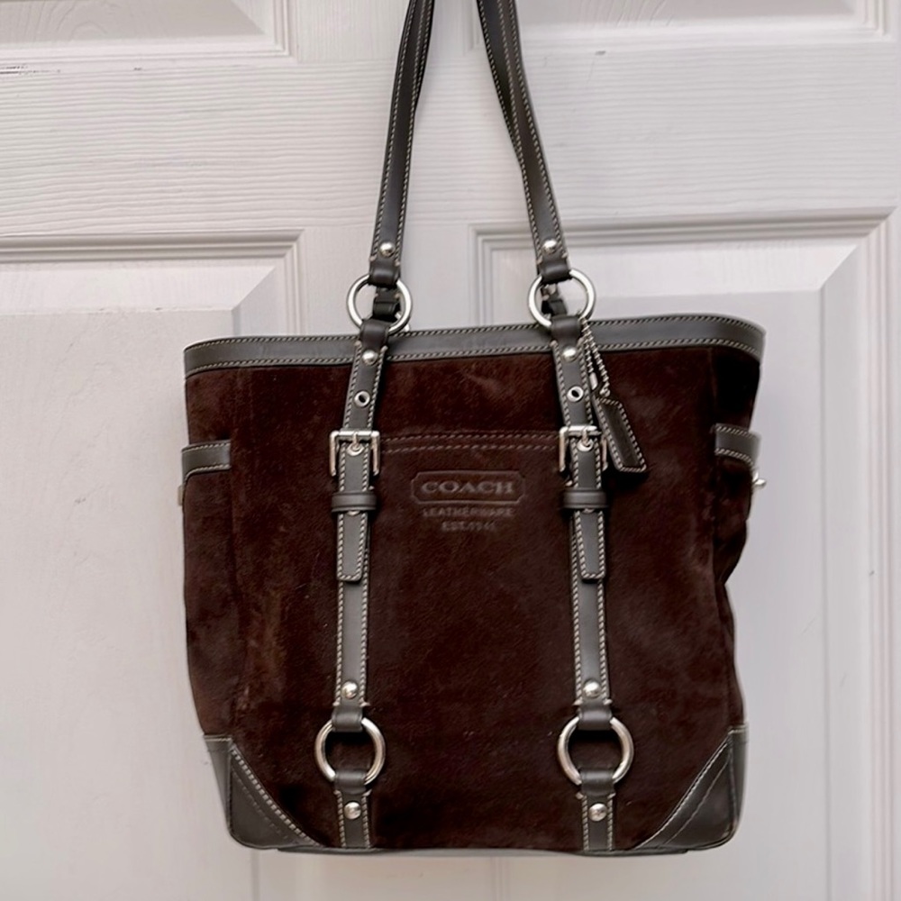 Authentic Coach Lunch Tote in warm Dark chocolate Brown Suede leather